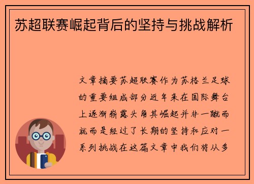 苏超联赛崛起背后的坚持与挑战解析