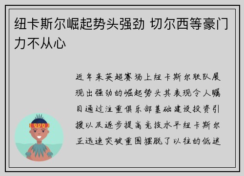 纽卡斯尔崛起势头强劲 切尔西等豪门力不从心 纽卡斯尔崛起势头强劲 切尔西等豪门力不从心
