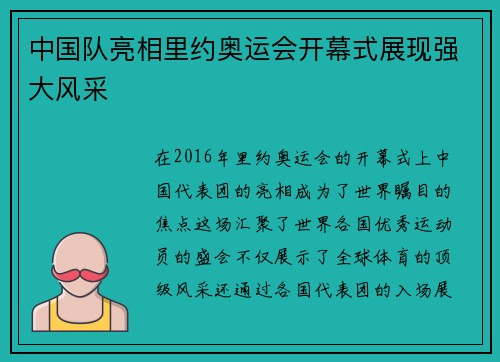 中国队亮相里约奥运会开幕式展现强大风采 中国队亮相里约奥运会开幕式展现强大风采